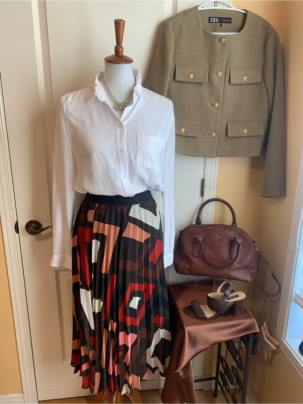 SUNCOO Franka Tabac Pleated Midi Skirt